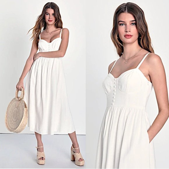 Lulu's Dresses & Skirts - Lulus Feeling Adorable White Linen Bustier Midi Dress w/Pockets & Smocked